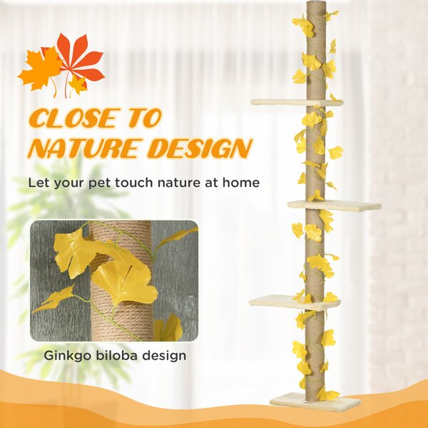 PawHut 202-242cm Height Adjustable Floor to Ceiling Cat Tree for Cats with Sisal Scratching Post, 3- Tier Cat Tower