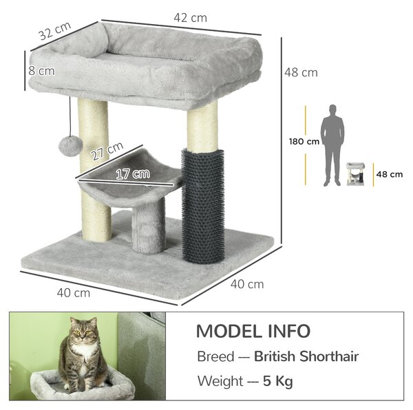 PawHut Kitty Climber: 48cm Cat Tree with Self-Groomer, Scratching Post & Dangling Ball, Grey Aosom UK