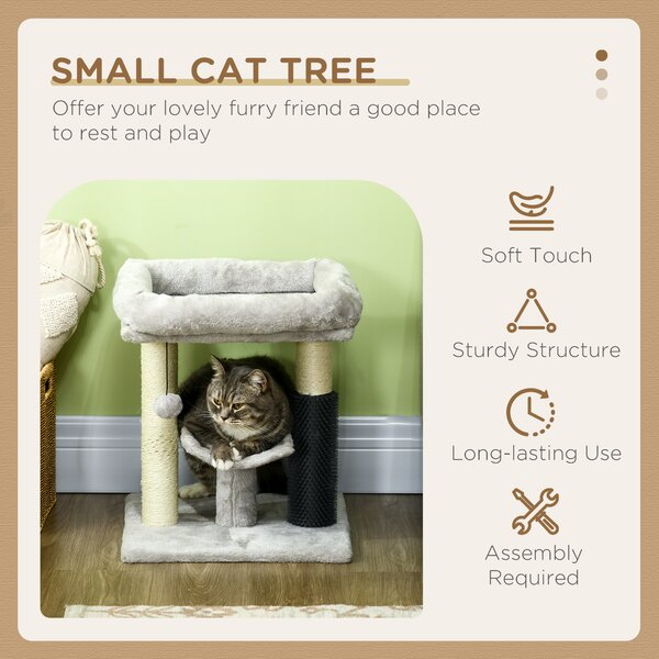 PawHut Kitty Climber: 48cm Cat Tree with Self-Groomer, Scratching Post & Dangling Ball, Grey Aosom UK