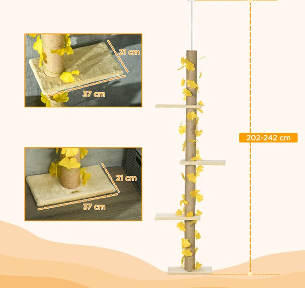 PawHut 202-242cm Height Adjustable Floor to Ceiling Cat Tree for Cats with Sisal Scratching Post, 3- Tier Cat Tower