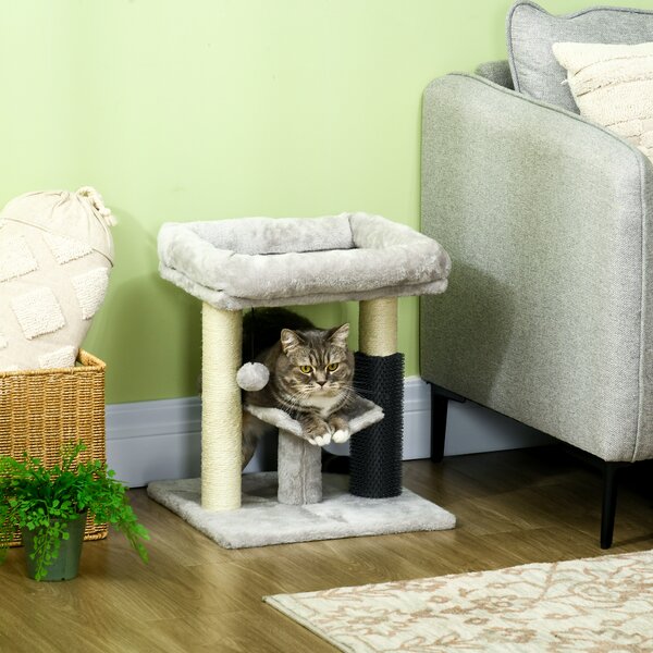 PawHut Kitty Climber: 48cm Cat Tree with Self-Groomer, Scratching Post & Dangling Ball, Grey Aosom UK