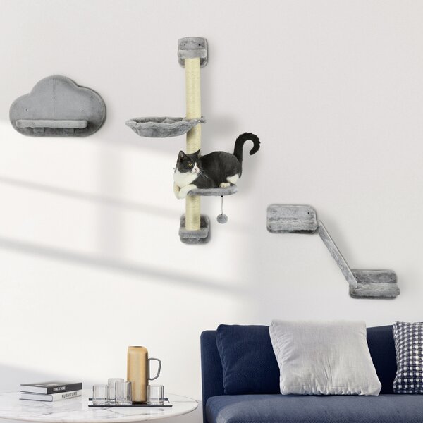 PawHut Cat Shelves Fit Cat Up to 5kg, 3-Piece Set with Hammock, Jumping Platform, Ladder, Scratching Post, Safe for Cats to Play, Grey Aosom UK