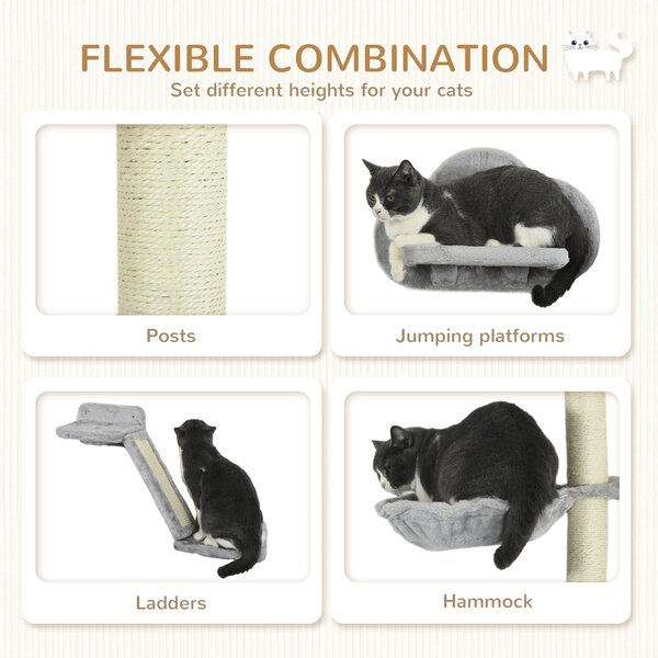 PawHut Cat Shelves Fit Cat Up to 5kg, 3-Piece Set with Hammock, Jumping Platform, Ladder, Scratching Post, Safe for Cats to Play, Grey Aosom UK