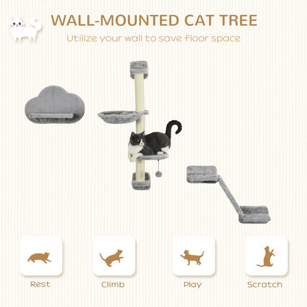 PawHut Cat Shelves Fit Cat Up to 5kg, 3-Piece Set with Hammock, Jumping Platform, Ladder, Scratching Post, Safe for Cats to Play, Grey Aosom UK