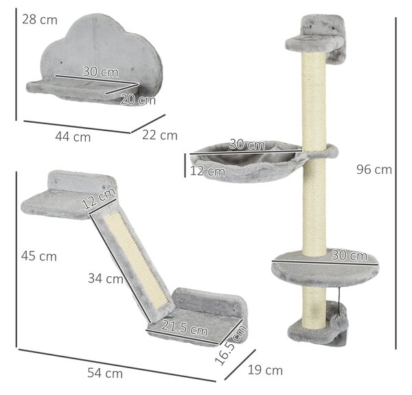 PawHut Cat Shelves Fit Cat Up to 5kg, 3-Piece Set with Hammock, Jumping Platform, Ladder, Scratching Post, Safe for Cats to Play, Grey Aosom UK