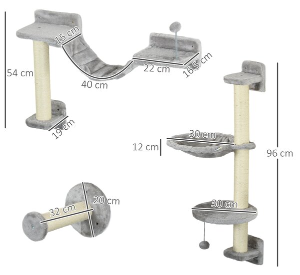 PawHut Cat Shelves Fit Cat Up to 5kg, 4-Piece Set with Hammock, Perches, Ladder, Scratching Post, Safe for Cats to Play, Grey Aosom UK