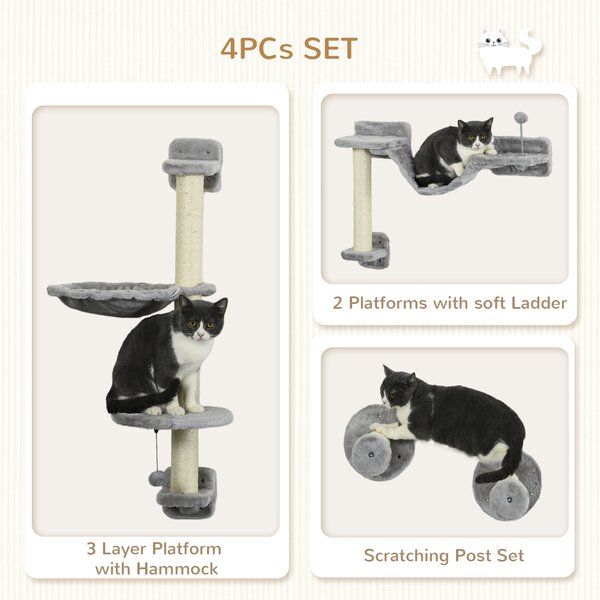PawHut Cat Shelves Fit Cat Up to 5kg, 4-Piece Set with Hammock, Perches, Ladder, Scratching Post, Safe for Cats to Play, Grey Aosom UK