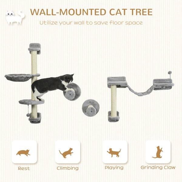 PawHut Cat Shelves Fit Cat Up to 5kg, 4-Piece Set with Hammock, Perches, Ladder, Scratching Post, Safe for Cats to Play, Grey Aosom UK