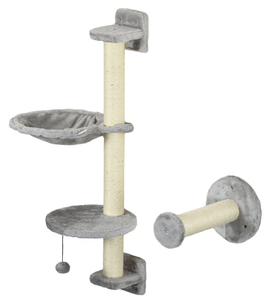 PawHut Cat Shelves Fit Cat Up to 5kg, 4-Piece Set with Hammock, Perches, Ladder, Scratching Post, Safe for Cats to Play, Grey Aosom UK