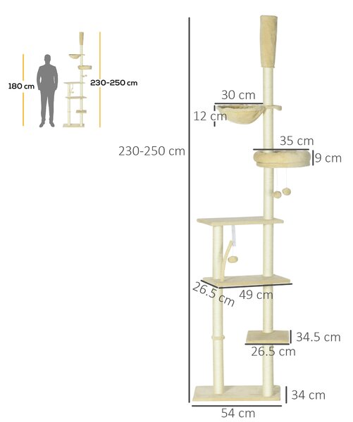 PawHut Cat Tree Floor to Ceiling, 6-Tier Play Tower with Scratching Post, Platforms, Adjustable Height, Beige