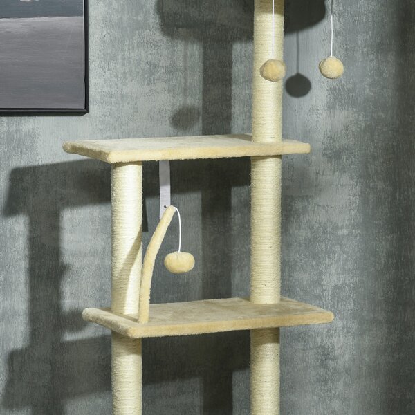 PawHut Cat Tree Floor to Ceiling, 6-Tier Play Tower with Scratching Post, Platforms, Adjustable Height, Beige