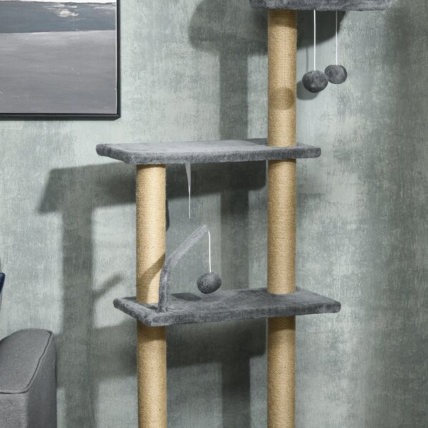 PawHut Floor to Ceiling Cat Tree, 6-Tier Climbing Activity Centre with Scratching Post, Hammock, Adjustable Height 230-250cm, Grey Aosom UK