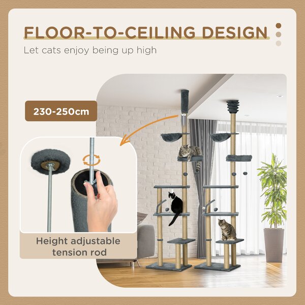 PawHut Floor to Ceiling Cat Tree, 6-Tier Climbing Activity Centre with Scratching Post, Hammock, Adjustable Height 230-250cm, Grey Aosom UK