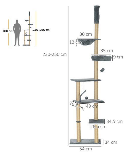 PawHut Floor to Ceiling Cat Tree, 6-Tier Climbing Activity Centre with Scratching Post, Hammock, Adjustable Height 230-250cm, Grey Aosom UK