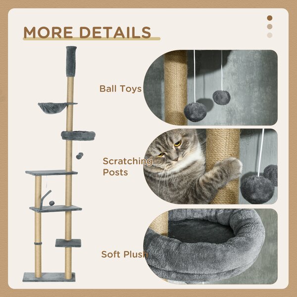 PawHut Floor to Ceiling Cat Tree, 6-Tier Climbing Activity Centre with Scratching Post, Hammock, Adjustable Height 230-250cm, Grey Aosom UK