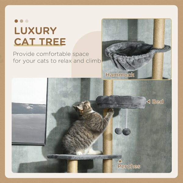PawHut Floor to Ceiling Cat Tree, 6-Tier Climbing Activity Centre with Scratching Post, Hammock, Adjustable Height 230-250cm, Grey Aosom UK