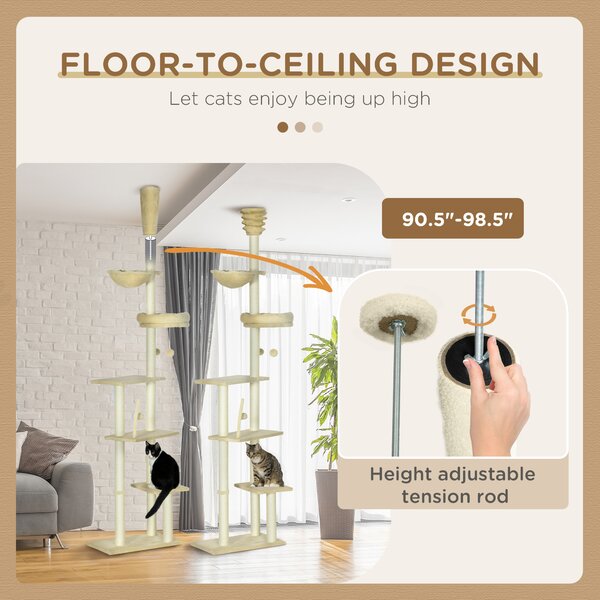 PawHut Cat Tree Floor to Ceiling, 6-Tier Play Tower with Scratching Post, Platforms, Adjustable Height, Beige