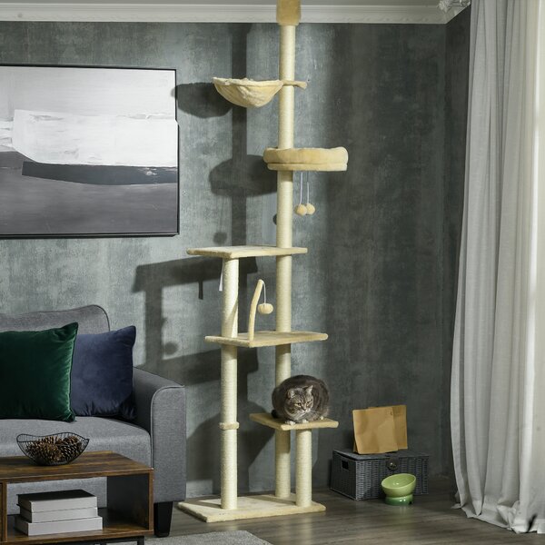 PawHut Cat Tree Floor to Ceiling, 6-Tier Play Tower with Scratching Post, Platforms, Adjustable Height, Beige