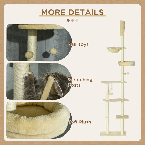 PawHut Cat Tree Floor to Ceiling, 6-Tier Play Tower with Scratching Post, Platforms, Adjustable Height, Beige