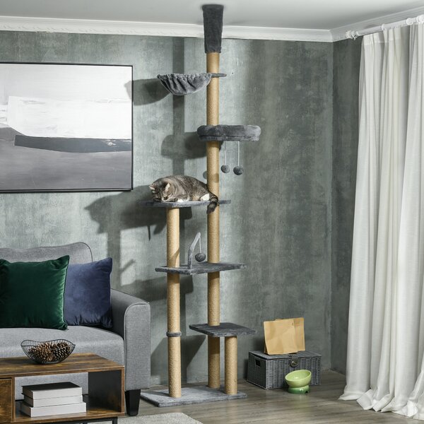 PawHut Floor to Ceiling Cat Tree, 6-Tier Climbing Activity Centre with Scratching Post, Hammock, Adjustable Height 230-250cm, Grey Aosom UK