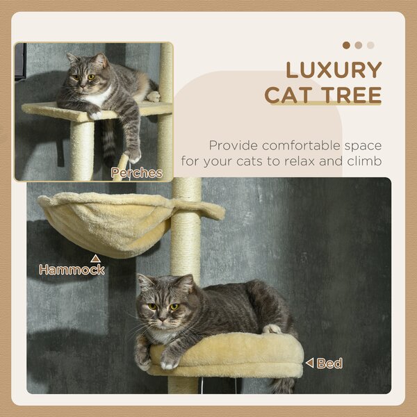 PawHut Cat Tree Floor to Ceiling, 6-Tier Play Tower with Scratching Post, Platforms, Adjustable Height, Beige