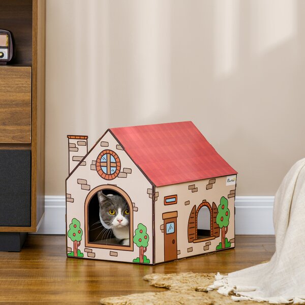 PawHut Two-In-One Cat House, Cat Scratching Board with Scratcher, Catnip, Cat Cardboard Scratcher for Indoor Cats Aosom UK