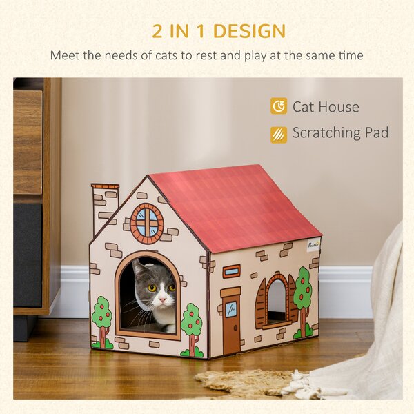 PawHut Two-In-One Cat House, Cat Scratching Board with Scratcher, Catnip, Cat Cardboard Scratcher for Indoor Cats Aosom UK