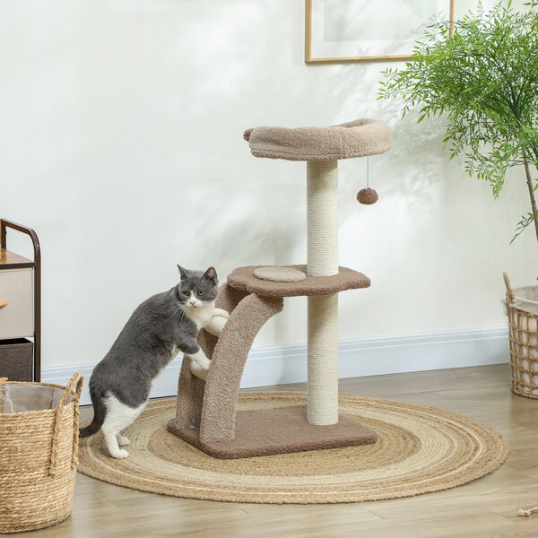 PawHut Cat Tee for Indoor Cats, 88cm Cat Tower with Sisal Scratching Post, Hanging Ball, Large Cat Perch, Stairs, Brown Aosom UK