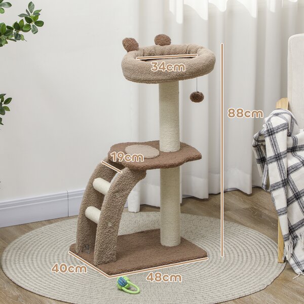 PawHut Cat Tee for Indoor Cats, 88cm Cat Tower with Sisal Scratching Post, Hanging Ball, Large Cat Perch, Stairs, Brown Aosom UK