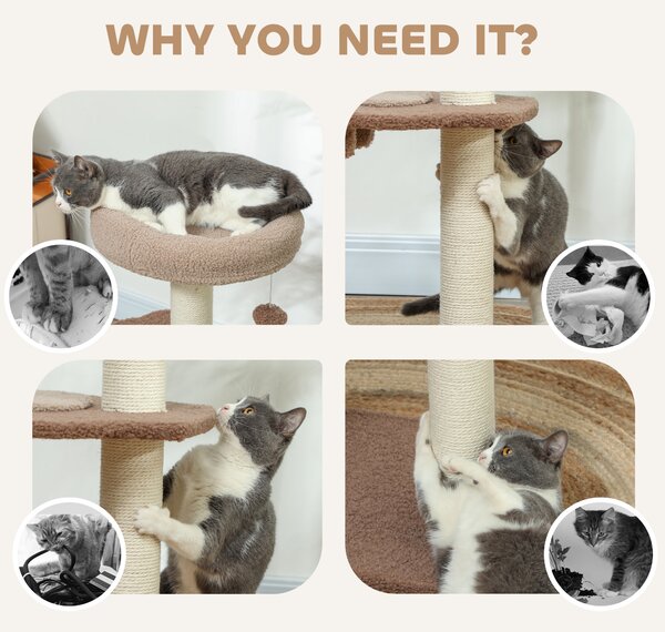PawHut Cat Tee for Indoor Cats, 88cm Cat Tower with Sisal Scratching Post, Hanging Ball, Large Cat Perch, Stairs, Brown Aosom UK