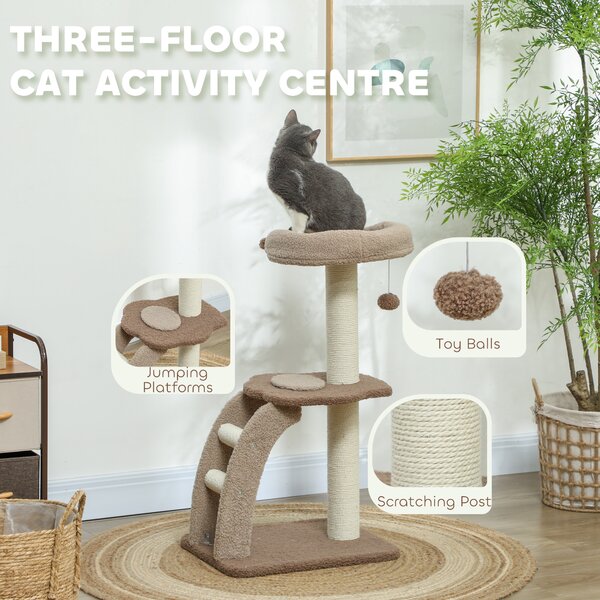 PawHut Cat Tee for Indoor Cats, 88cm Cat Tower with Sisal Scratching Post, Hanging Ball, Large Cat Perch, Stairs, Brown Aosom UK