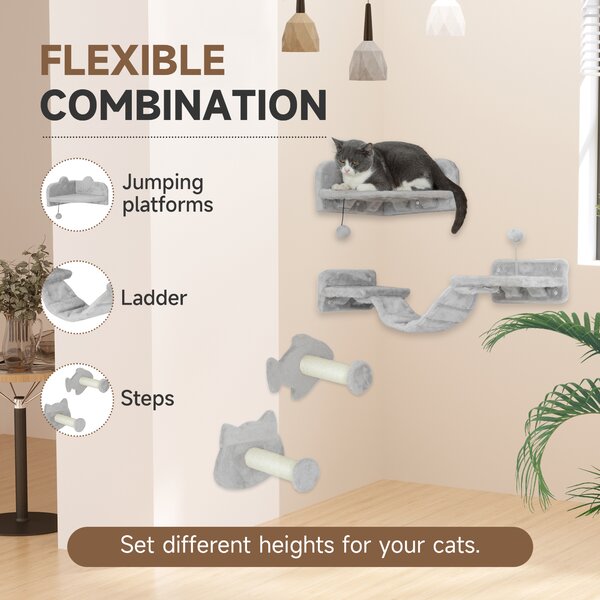 PawHut 4PCs Cat Wall Shelves with Steps, Ladder, Jumping Platforms, Light Grey Aosom UK