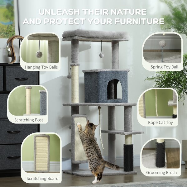 PawHut 132cm Cat Tree w/ Scratching Posts, Pad, Cat Bed, Cat House, Jumping Platform, Grooming Brush, Anti-Tip Kit, Light Grey Aosom UK