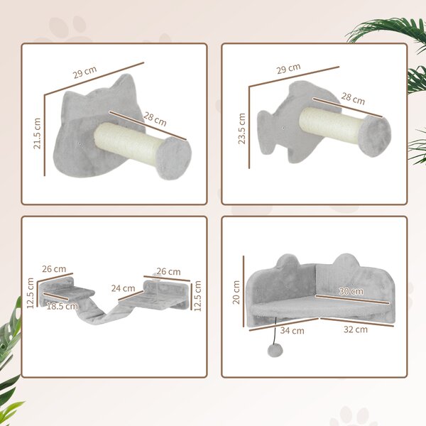PawHut 4PCs Cat Wall Shelves with Steps, Ladder, Jumping Platforms, Light Grey Aosom UK