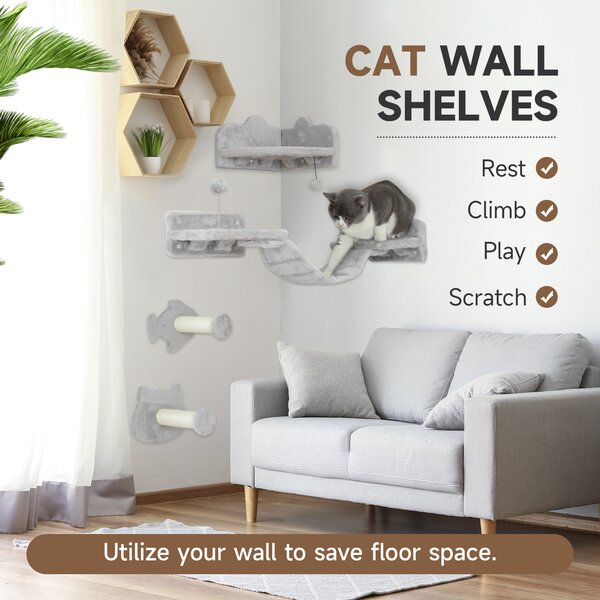 PawHut 4PCs Cat Wall Shelves with Steps, Ladder, Jumping Platforms, Light Grey Aosom UK