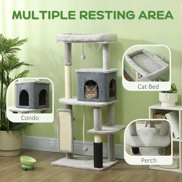 PawHut 132cm Cat Tree w/ Scratching Posts, Pad, Cat Bed, Cat House, Jumping Platform, Grooming Brush, Anti-Tip Kit, Light Grey Aosom UK