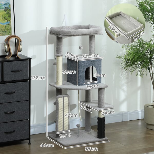 PawHut 132cm Cat Tree w/ Scratching Posts, Pad, Cat Bed, Cat House, Jumping Platform, Grooming Brush, Anti-Tip Kit, Light Grey Aosom UK