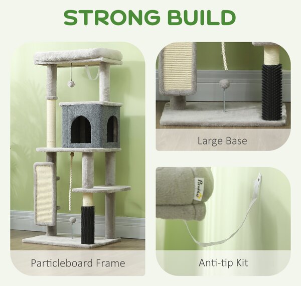 PawHut 132cm Cat Tree w/ Scratching Posts, Pad, Cat Bed, Cat House, Jumping Platform, Grooming Brush, Anti-Tip Kit, Light Grey Aosom UK