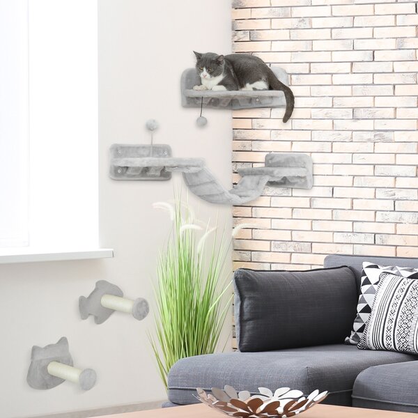 PawHut 4PCs Cat Wall Shelves with Steps, Ladder, Jumping Platforms, Light Grey Aosom UK