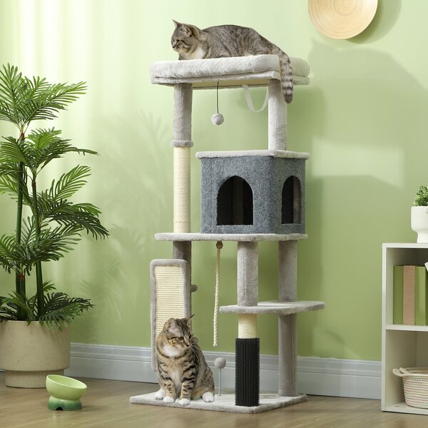 PawHut 132cm Cat Tree w/ Scratching Posts, Pad, Cat Bed, Cat House, Jumping Platform, Grooming Brush, Anti-Tip Kit, Light Grey Aosom UK