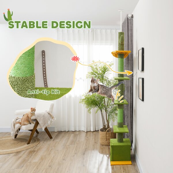 PawHut 230-275cm Floor-to-Ceiling Adjustable Cat Tree with Scratching Posts, Hammock Aosom UK