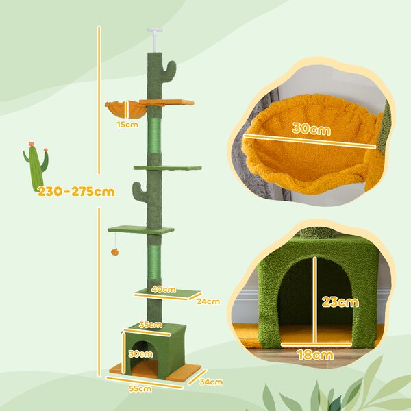 PawHut 230-275cm Floor-to-Ceiling Adjustable Cat Tree with Scratching Posts, Hammock Aosom UK