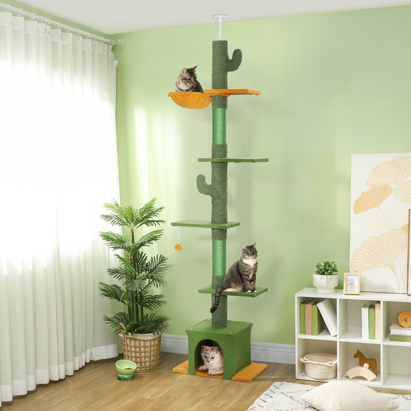 PawHut 230-275cm Floor-to-Ceiling Adjustable Cat Tree with Scratching Posts, Hammock Aosom UK