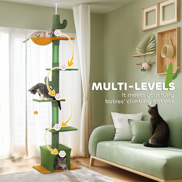 PawHut 230-275cm Floor-to-Ceiling Adjustable Cat Tree with Scratching Posts, Hammock Aosom UK