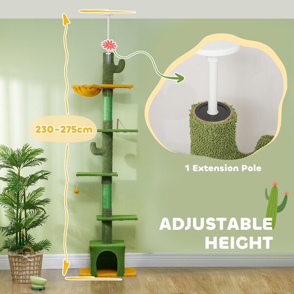 PawHut 230-275cm Floor-to-Ceiling Adjustable Cat Tree with Scratching Posts, Hammock Aosom UK