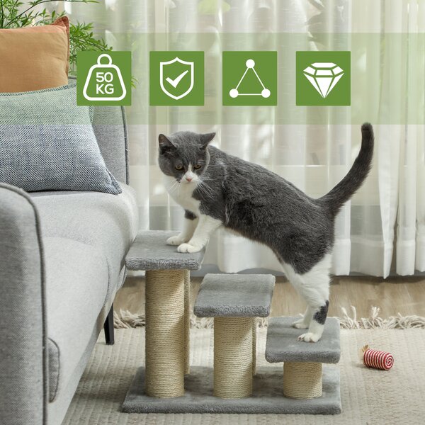 PawHut Pet Stairs 3-step Pet Ladder Cat dog Stairs Climb Ladder Cat Tree, Grey