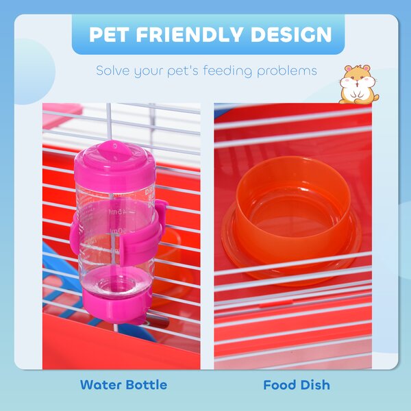PawHut Dwarf Hamster Metal Cage w/ Tunnels Exercise Wheel Water Bottle Dishes Red and White Aosom UK