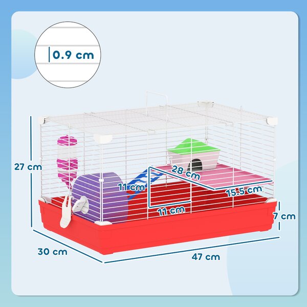 PawHut Dwarf Hamster Metal Cage w/ Tunnels Exercise Wheel Water Bottle Dishes Red and White Aosom UK