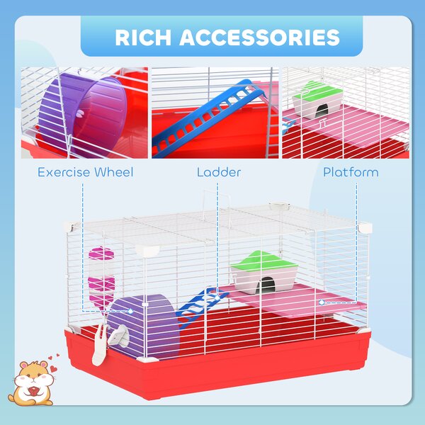 PawHut Dwarf Hamster Metal Cage w/ Tunnels Exercise Wheel Water Bottle Dishes Red and White Aosom UK