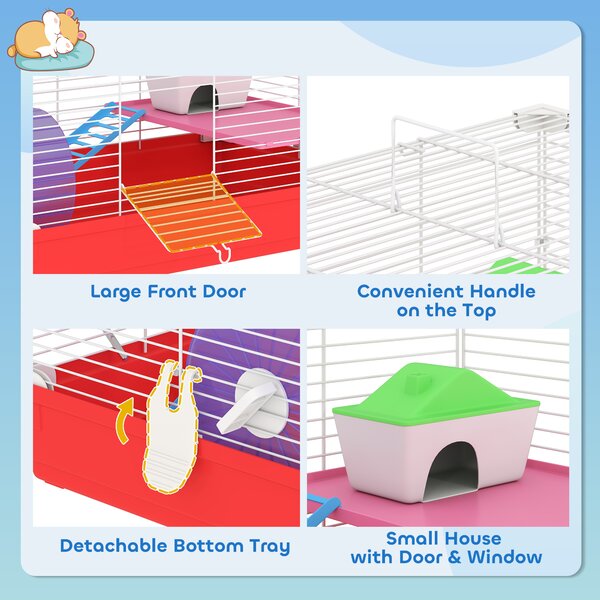 PawHut Dwarf Hamster Metal Cage w/ Tunnels Exercise Wheel Water Bottle Dishes Red and White Aosom UK